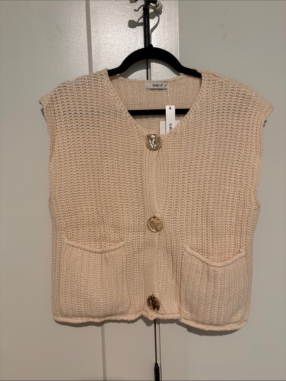 Sleeveless Knit Gold Button Front Tank Vest Cardigan- Cream